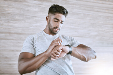 Sticker - Man with digital smartwatch for health, fitness and performance progress tracking after exercise or training. Strong and healthy young man or athlete check with tracker watch for time and heart pulse