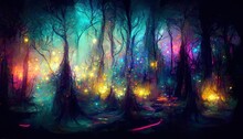 Magical Fairy Tale Forest At Night With Glowing Fairy Fireflies Lights Making A Mystical Fantasy Spooky Landscape Background
