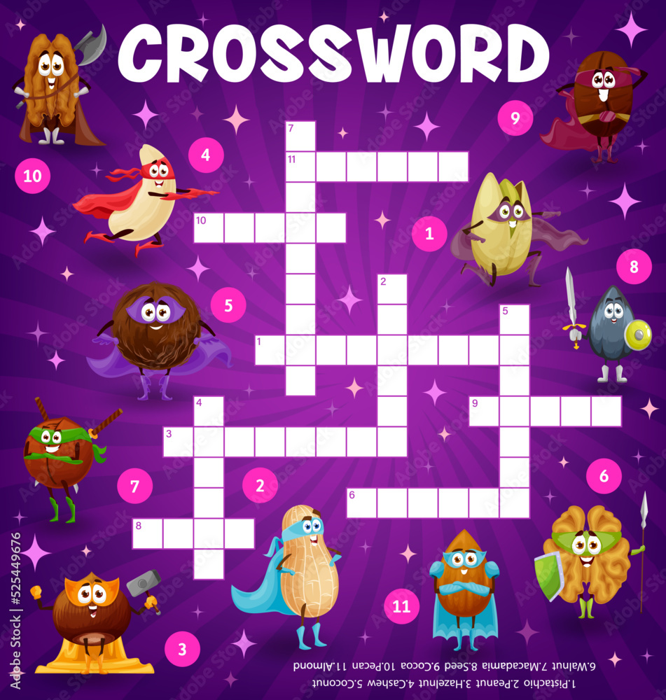 Cartoon nuts legume superhero and defender characters crossword puzzle Cartoon nuts legume superhero and defender characters crossword puzzle