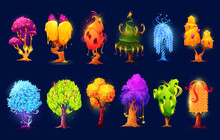Cartoon Fantasy Luminous Alien Trees And Plants. Isolated Vector Magic Forest Plants With Sparkles, Colorful Glowing Crowns, Mushrooms And Outgrowths. Strange Fairytale Bush And Flowers