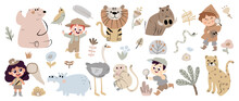 Set Of Safari Animal Vector. Friendly Wild Life With Hippo, Leopard, Bear, Hippo, Monkey, Parrot, Boys And Girls In Safari Suit. Adorable Animal And Many Characters Hand Drawn On White Background.
