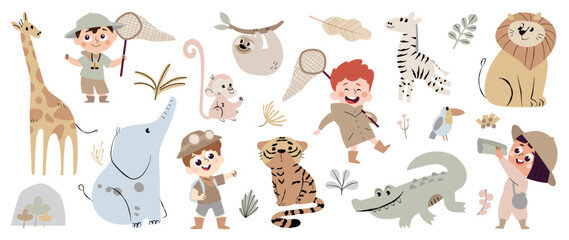 set of safari animal vector. friendly wild life with zebra, tiger, giraffe, elephant, lion, monkey, 