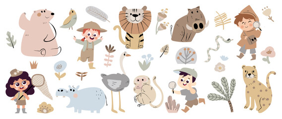 Wall Mural - Set of safari animal vector. Friendly wild life with hippo, leopard, bear, hippo, monkey, parrot, boys and girls in safari suit. Adorable animal and many characters hand drawn on white background.