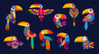 Cartoon mexican and brazilian toucans, funny bird characters, isolated vector. Mexico or Brazil tropical toucan birds with folk ethnic ornament or Latin alebrije art colorful pattern