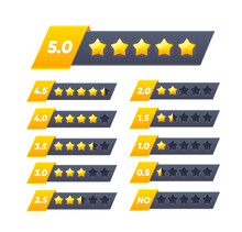 Five Golden Star Review Rate. Customer Feedback. User Opinion, Product Review Or Quality Mark, Customer Choice And Consumer Evaluation, Client Positive Or Negative Feedback Golden Stars Vector Bars