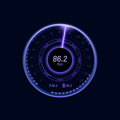 Aufkleber - Futuristic car speedometer gauge dial, neon tachometer indicator. Motorbike or automobile odometer digital vector counter or vehicle dashboard neon screen with gauge, glowing arrow and battery charge