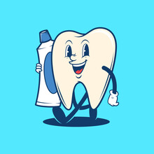 Retro Vintage Dental Teeth Holding Toothpaste Mascot Logo Illustration