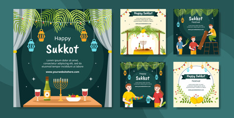 Jewish Holiday Sukkot Social Media Post Template Hand Drawn Cartoon Flat Illustration