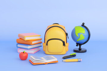 Wall Mural - Concept of back to school, learning and onlline education banners. Yellow backpack with books stack, globe, apple and writing accessories. 3d high quality render