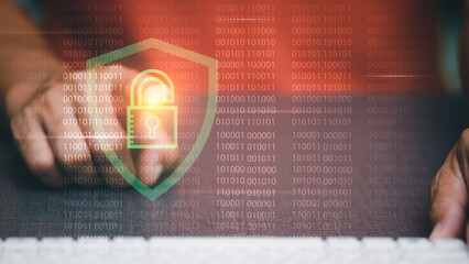 Wall Mural - internet cybersecurity concept, online cyber security, young man pointing to icon. indicates the cor