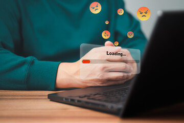 Man using laptop for download and waiting to loading digital business data form website, concept of waiting for load of loading bar.