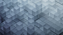 Grey, Translucent Cubes Neatly Constructed To Create A Futuristic Tech Wallpaper. 3D Render.