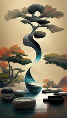 Oriental abstract landscape illustration. Japanese watercolor wash painting style. 3D illustration.