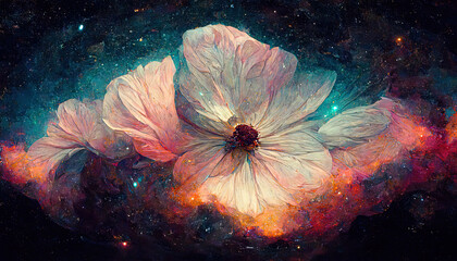 Wall Mural - Abstract, beautiful galaxy illustration flower in cosmos, the universe in the background, artistic visualization fantasy fairy tail wallpaper with glowing stars and planets colorful futuristic concept