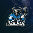 hockey mascot logo design vector with modern illustration concept style for badge, emblem and t shirt printing. buffalo hockey illustration for sport team.