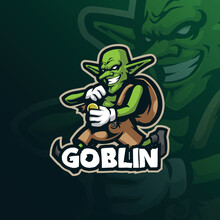 Goblin Mascot Logo Design Vector With Modern Illustration Concept Style For Badge, Emblem And T Shirt Printing. Smart Goblin Illustration With Coin In Hand.