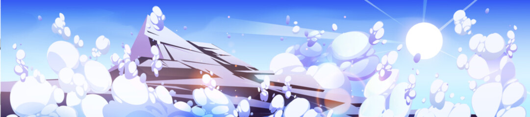 Wall Mural - Mountain peak above clouds in blue sky with sun shining. Beautiful background with rock top in heaven, nature peaceful landscape with white and lilac fluffy cloudscape, Cartoon vector illustration