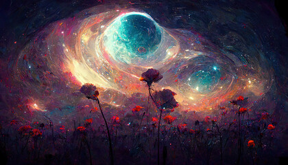 Wall Mural - Fantasy fairy tail abstract wallpaper with galaxy space Universe illustration in background with stars, planets and colorful blue, pink, red, orange, teal, turquoise clouds and sky with milky way