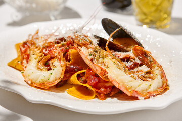 Wall Mural - Italian cuisine - seafood pasta with shrimp and mussels in tomato sauce. Pappardelle with seafood and marinara sauce on summer day. Fine dining. Seafood pasta with langoustine and mussels.