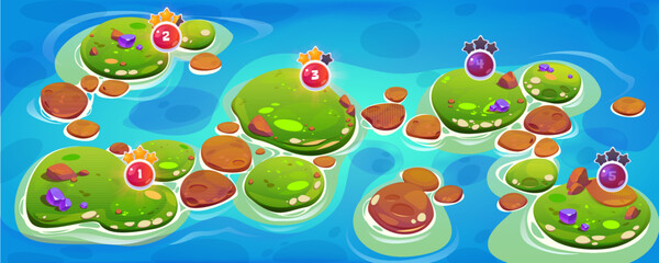 Wall Mural - game ui level map islands in ocean with crystals, green grass, rocks, stars and numbers. cartoon 2d 