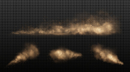 Wall Mural - Sand clouds, car, sandstorm or dust dirty brown smoke trails. Heavy thick smog with motes and soil particles, speed effect. Isolated thunderstorm, air pollution elements, Realistic 3d vector set