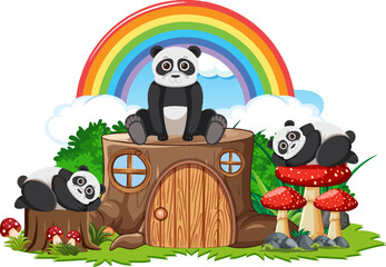 Poster - Panda group with stump house