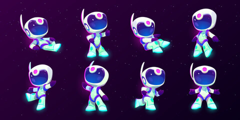 cartoon astronaut character in starry space set. cute spaceman floating in weightlessness, stand on 