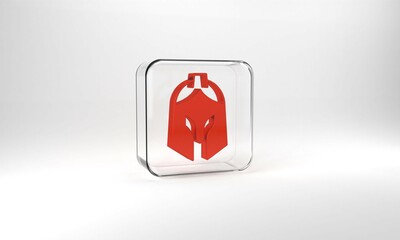 Red Roman army helmet icon isolated on grey background. Glass square button. 3d illustration 3D render