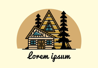 Aesthetic wood house between two pine tree illustration badge design