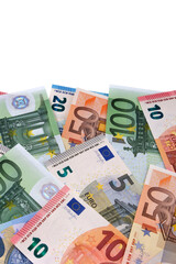 Wall Mural - Border of various different Euro currency bills vertical isolated transparent background photo PNG file