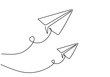 One continuous single line hand drawing of two paper airplane isolated on white background.