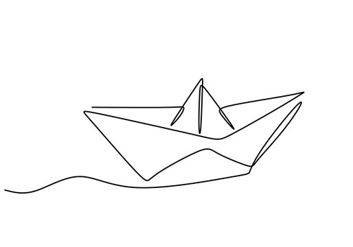 One continuous single line hand drawing of paper ship isolated on white background.