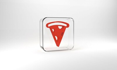 Poster - Red Slice of pizza icon isolated on grey background. Fast food menu. Glass square button. 3d illustration 3D render