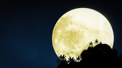 Wall Mural - Full moon, golden yellow, bright, stars, full sky, cloudless. Mountain silhouette. The background is a full moon. 3D rendering