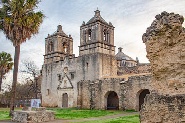 Old historic Spanish Mission Concepcion in San Antonio Texas during sunrise