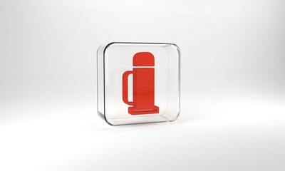 Poster - Red Thermos container icon isolated on grey background. Thermo flask icon. Camping and hiking equipment. Glass square button. 3d illustration 3D render