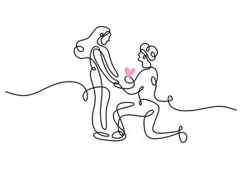 Wall Mural - One continuous single line hand drawing of man propose woman with isolated on white background.