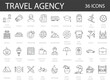 © SkyLine - Set of 36 line icons related to  travel agency providing as an booking, different tours, visa assistance, insurance, etc. Simple Outline Icons.