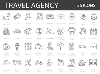 Set of 36 line icons related to  travel agency providing as an booking, different tours, visa assistance, insurance, etc. Simple Outline Icons.