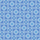 Fototapeta  - Blue white watercolor azulejos tile background. Seamless coastal geometric floral mosaic effect. Ornamental arabesque all over summer fashion damask repeat