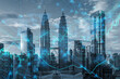 Creative modern city skyline texture with abstract glowing forex chart, map and arrows on index hologram, blurry background. Trade, financial growth, analytics and market concept. Double exposure.