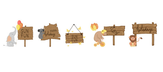 Set with cute animals near wooden signboard with the inscriptions on the summer theme in vector. Cartoon illustration.