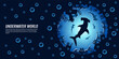 Save the oceans illustration. Sea depths with silhouettes of fish, sharks, turtles, coral reefs and sea plants. Side and top view. Seascape with its inhabitants. Design for web sites, banners.