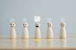 © tanoy1412 - Select happy face wooden figure with 5 star. Customer service rating experience and feedback emotion and satisfaction survey. Human Resources management choosing positive attitude to team.
