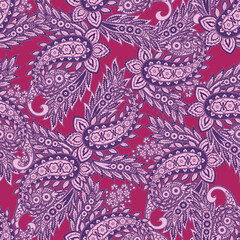  Floral seamless pattern with paisley ornament. Vector illustration in asian textile style