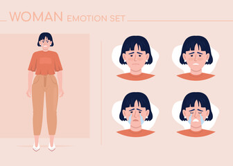 Sticker - Upset young woman semi flat color character emotions set. Editable facial expressions. Sadness vector style illustration for motion graphic design and animation. Comfortaa font used