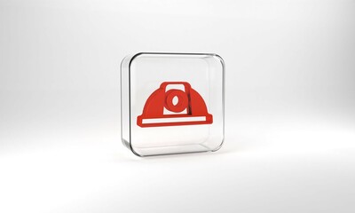 Poster - Red Worker safety helmet icon isolated on grey background. Glass square button. 3d illustration 3D render