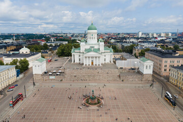 Canvas Print - Aerial view of Helsinki cathedral, lutheran church from drone in summer day with clouds