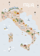 Vector Illustration Of Map Of Italy With Famous Cities And Destinations