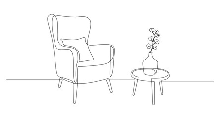 Aufkleber - One continuous line drawing of armchair and lamp and potted plant. Modern rustic furniture for living room interior in simple linear style. Editable stroke. Doodle Vector illustration